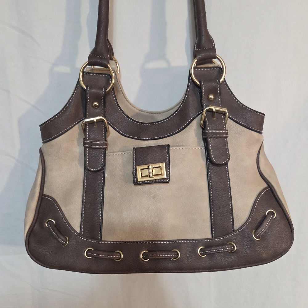 Brown and Cream Faux Leather Women's Shoulder Handbag
